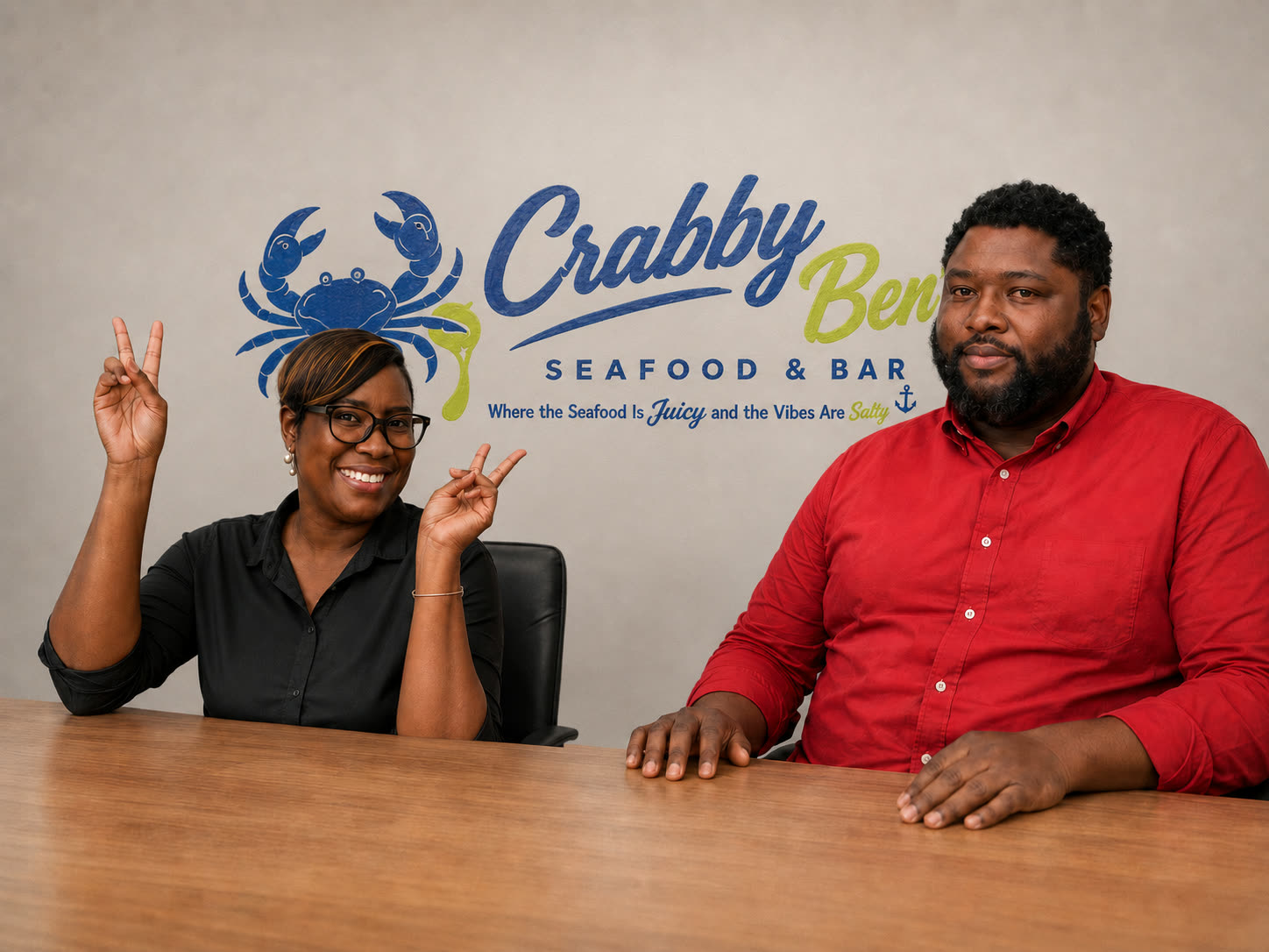 The founders of Crabby Ben's Seafood & Bar seated beneath the restaurant logo
