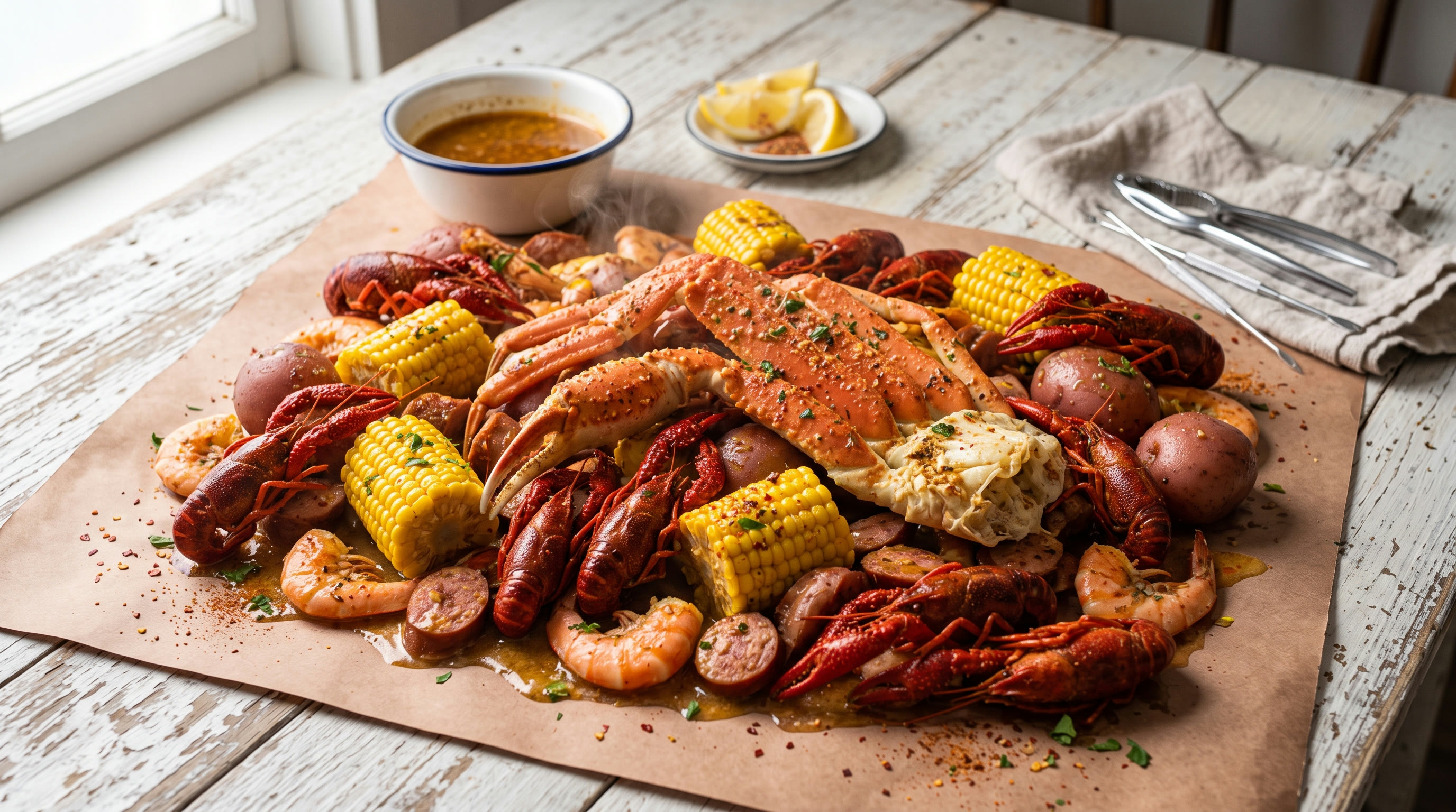 Cajun seafood boil spread with snow crab, shrimp, crawfish, corn, potatoes and sausage
