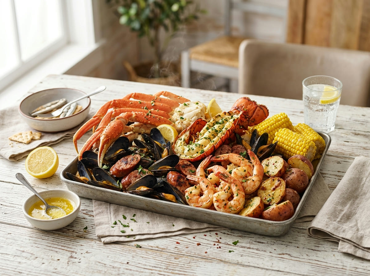 The Crabby Feast — snow crab, lobster tail, shrimp and mussels