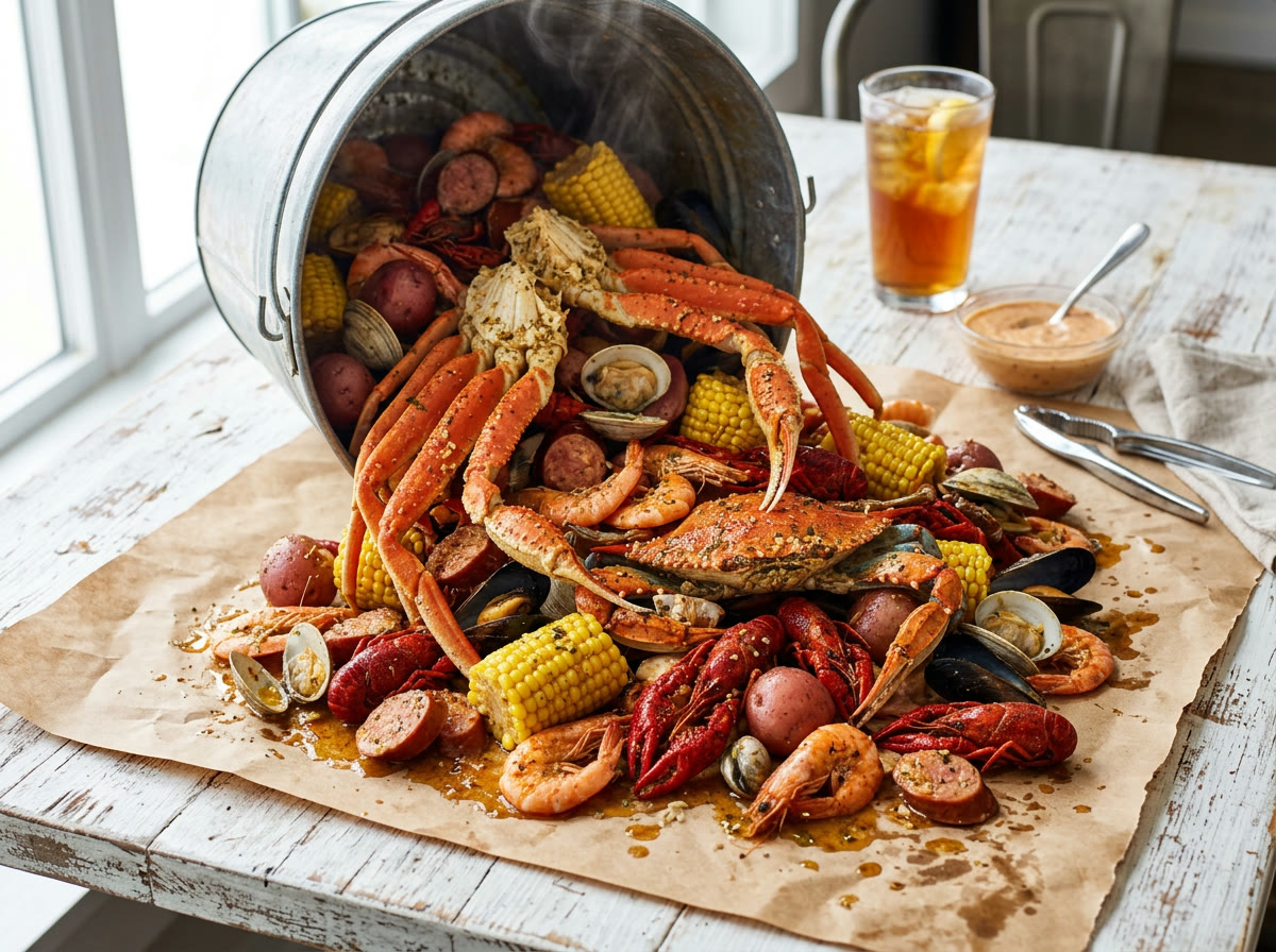 The Family Bucket — a loaded boil of crab, shrimp, crawfish, clams and mussels