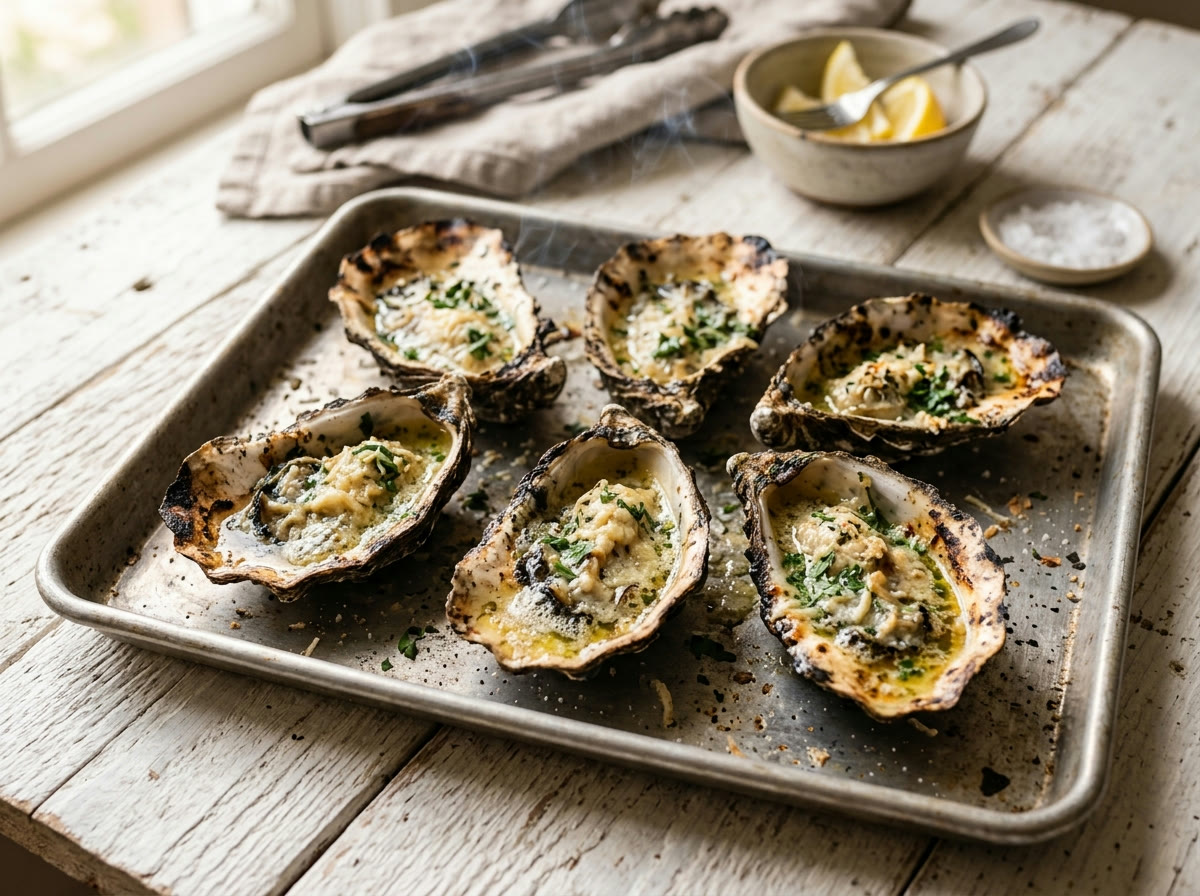 Chargrilled oysters topped with garlic butter and parmesan