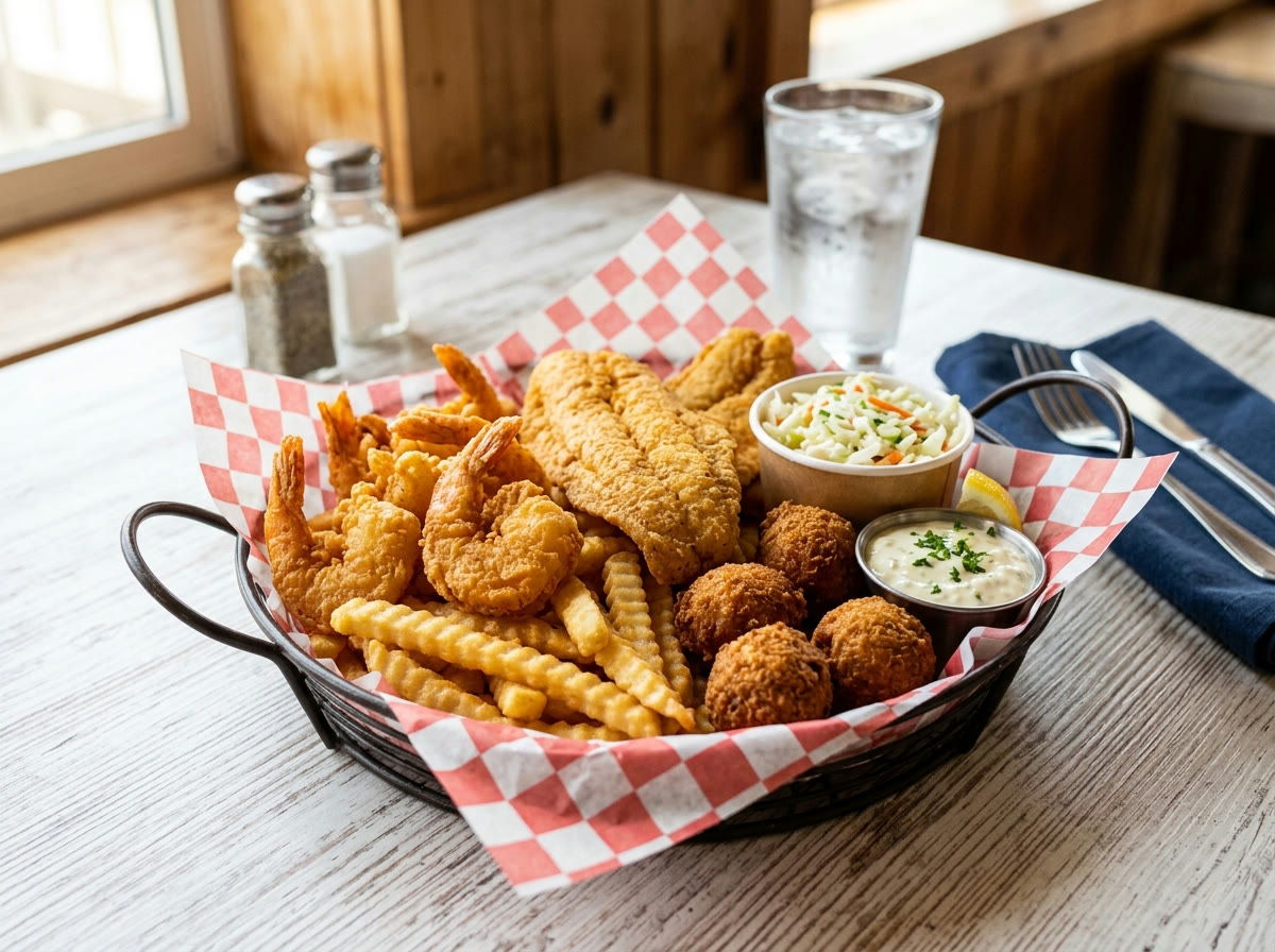 Golden fried seafood basket with fries