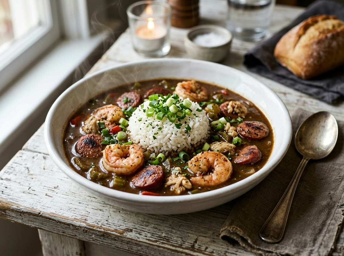 Bowl of seafood gumbo with shrimp and crab