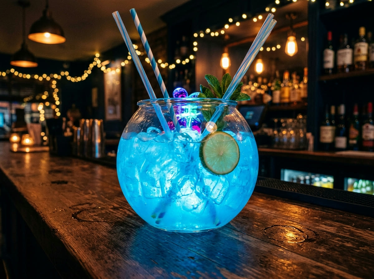 Oversized blue cocktail with ice