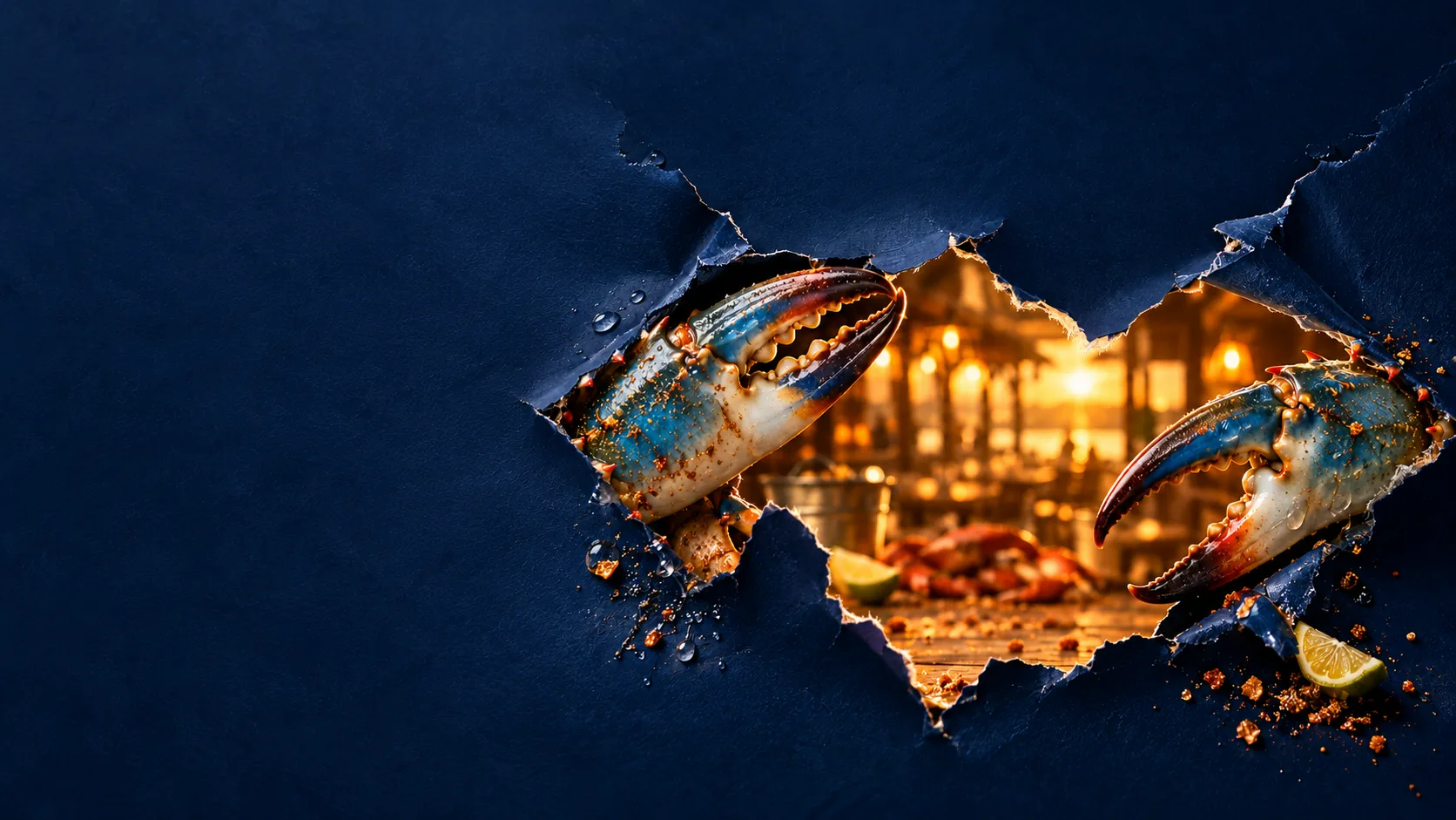 Crab claws pushing through torn navy paper, a warm lamplit dining room glowing behind the tear